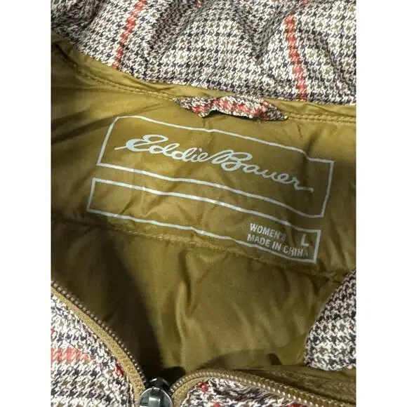 Eddie Bauer Women's 650 Puffer Vest Plaid L Goose Down Full Zip Brown Red Prep - Picture 2 of 5